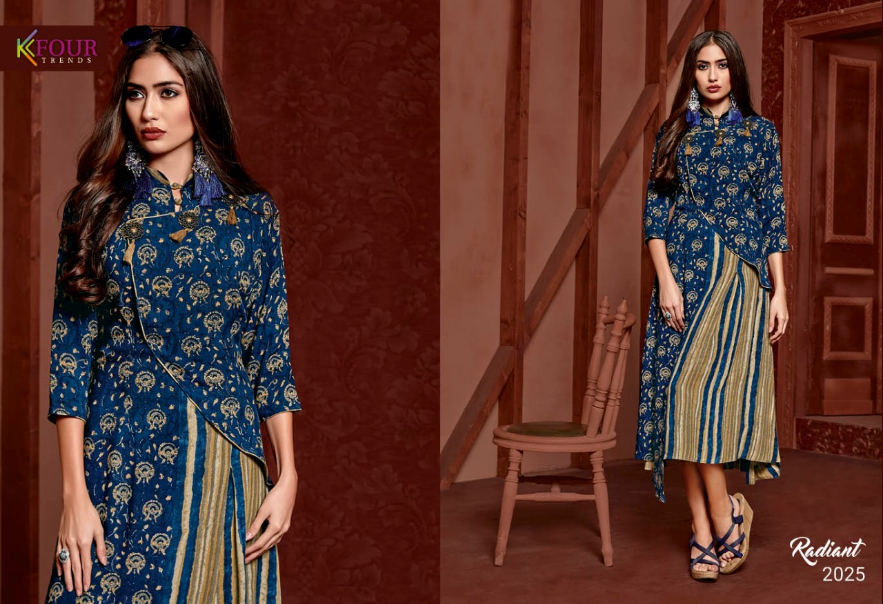 Radiant By Kfour Trends 2021 To 2026 Series Beautiful Colorful Stylish Fancy Casual Wear & Ethnic Wear & Ready To Wear Rayon Printed Kurtis At Wholesale Price