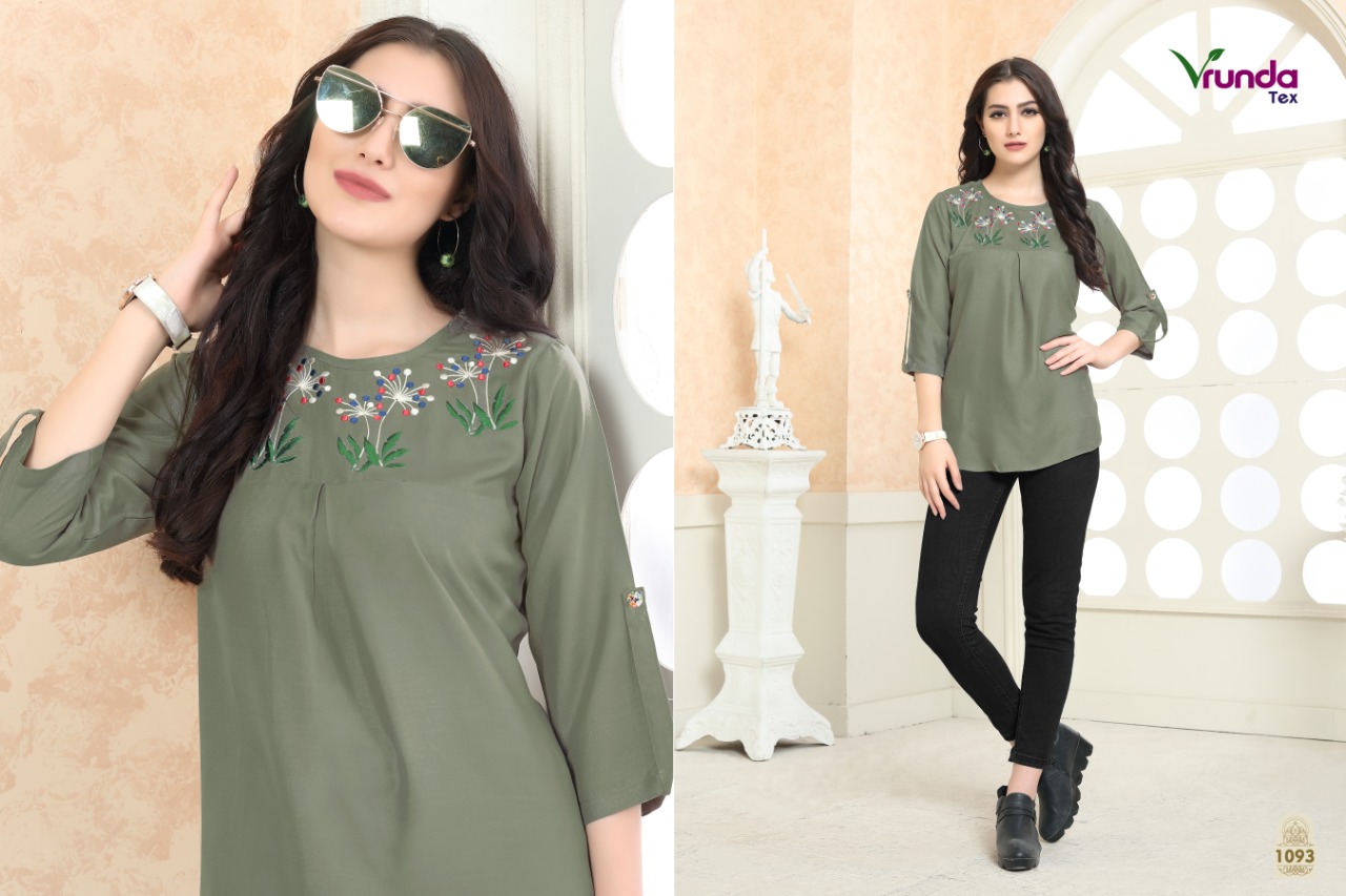 Rajvi By Vrunda Tex 1091 To 1087 Series Designer Beautiful Stylish Colorful Fancy Ready To Wear & Casual Wear & Ethnic Wear Heavy Rayon Embroidered Embroidered Tops At Wholesale Price