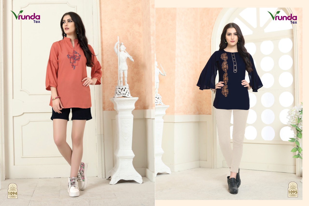 Rajvi By Vrunda Tex 1091 To 1087 Series Designer Beautiful Stylish Colorful Fancy Ready To Wear & Casual Wear & Ethnic Wear Heavy Rayon Embroidered Embroidered Tops At Wholesale Price