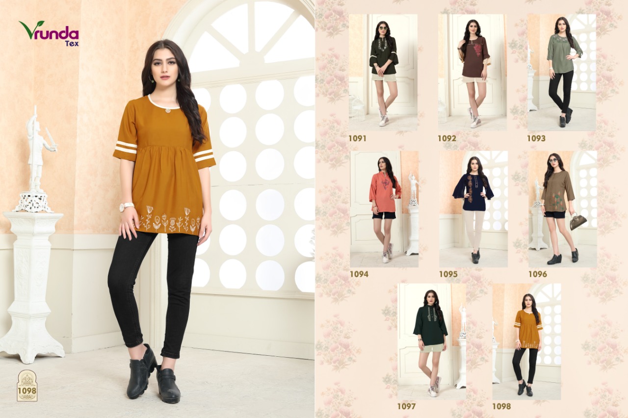 Rajvi By Vrunda Tex 1091 To 1087 Series Designer Beautiful Stylish Colorful Fancy Ready To Wear & Casual Wear & Ethnic Wear Heavy Rayon Embroidered Embroidered Tops At Wholesale Price
