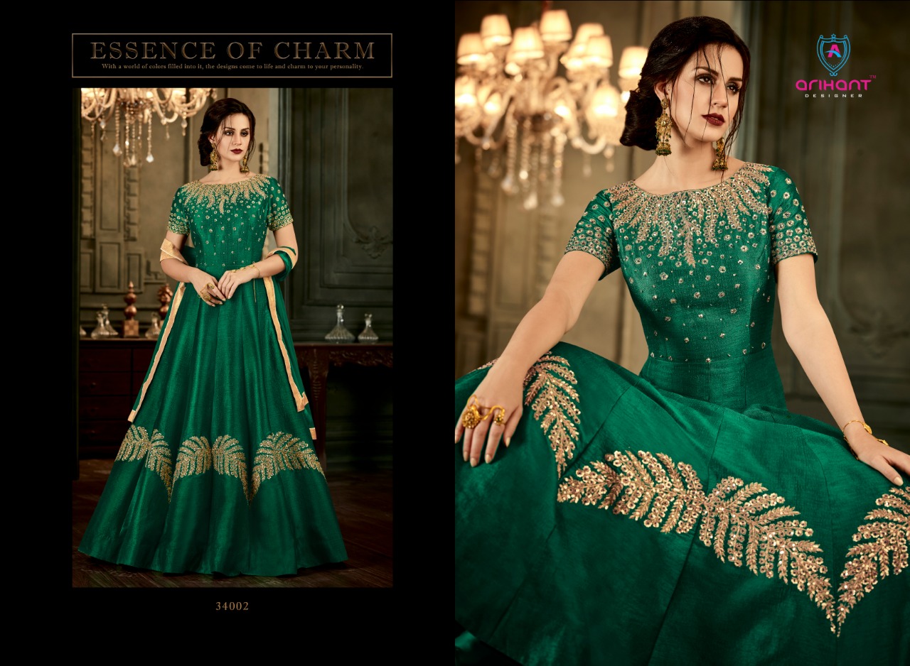 Rangat By Arihant Designer 34001 To 34005 Series Designer Anarkali Suits Collection Beautiful Stylish Fancy Colorful Party Wear & Occasional Wear Silk & Net Embroidered Dresses At Wholesale Price
