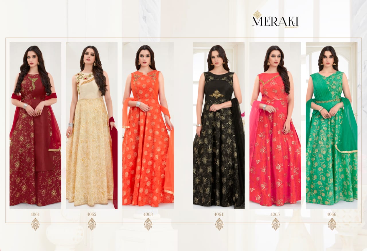 Rangat By Meraki 4061 To 4066 Series Designer Gown Collection Beautiful Stylish Fancy Colorful Party Wear & Occasional Wear Heavy Modal Gowns At Wholesale Price
