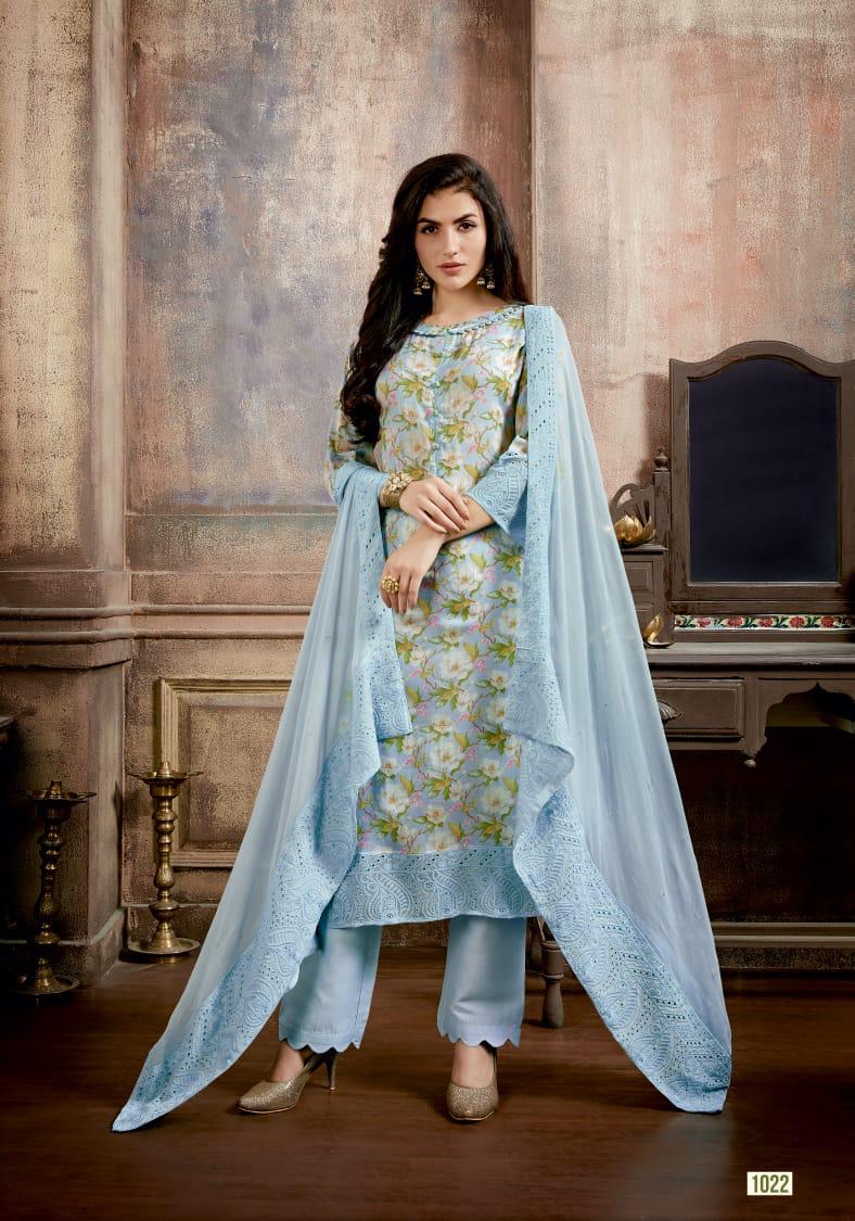 Rangat By Sanjh 1021 To 1025 Series Beautiful Suits Stylish Colorful Fancy Casual Wear & Ethnic Wear Pure Bemberg Finer Satin Print Most Exclussive Embroidery Ghera Dresses At Wholesale Price