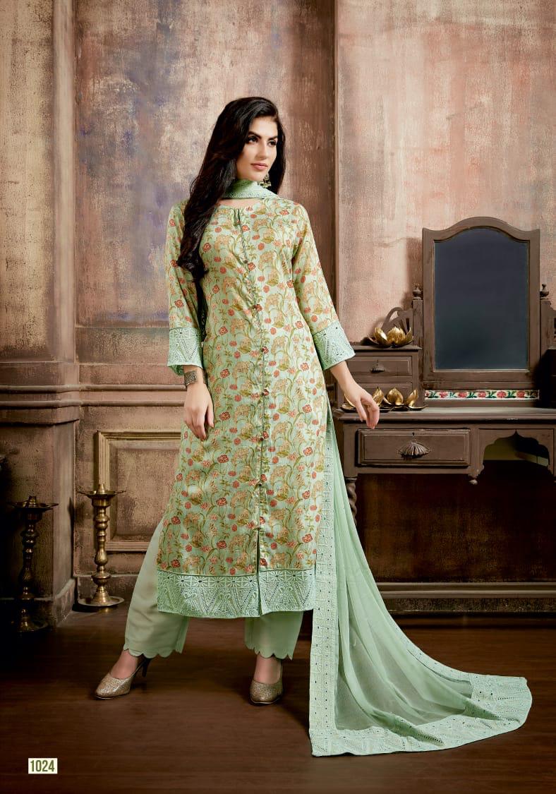Rangat By Sanjh 1021 To 1025 Series Beautiful Suits Stylish Colorful Fancy Casual Wear & Ethnic Wear Pure Bemberg Finer Satin Print Most Exclussive Embroidery Ghera Dresses At Wholesale Price