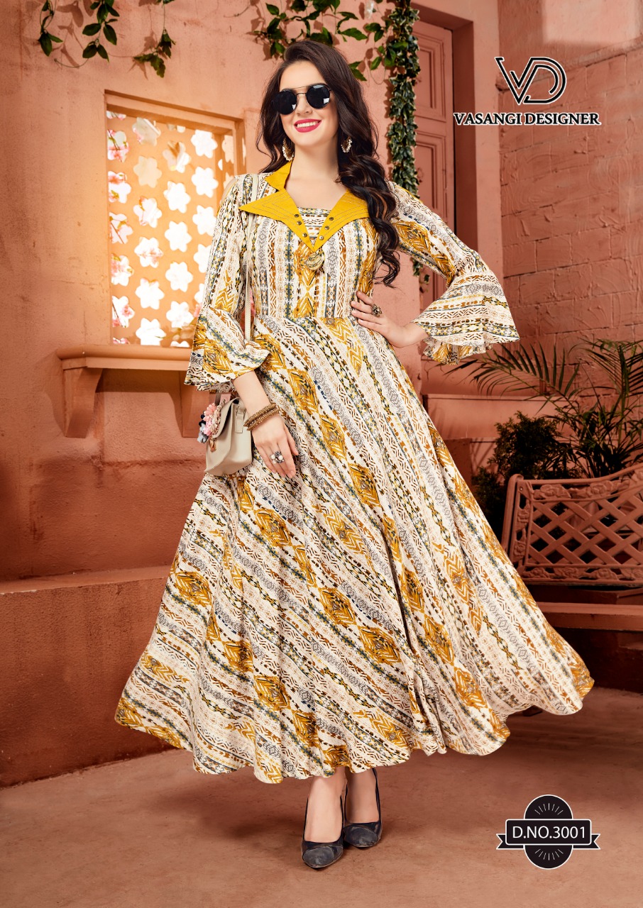 Rangat By Vasangi Designer 3001 To 3006 Series Designer Beautiful Colorful Stylish Fancy Casual Wear & Ethnic Wear & Ready To Wear Premium Rayon Printed Kurtis At Wholesale Price