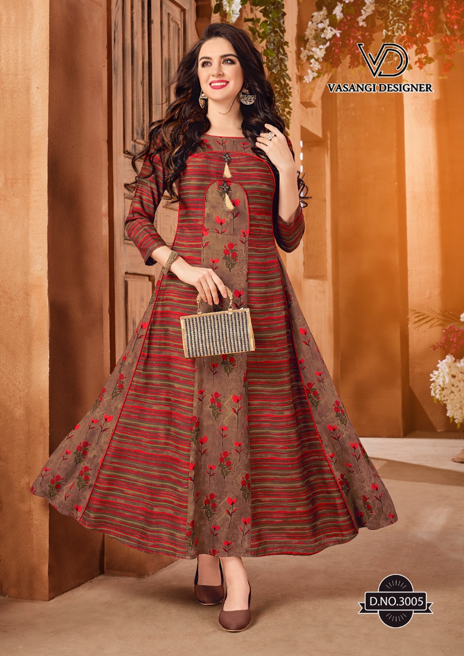 Rangat By Vasangi Designer 3001 To 3006 Series Designer Beautiful Colorful Stylish Fancy Casual Wear & Ethnic Wear & Ready To Wear Premium Rayon Printed Kurtis At Wholesale Price