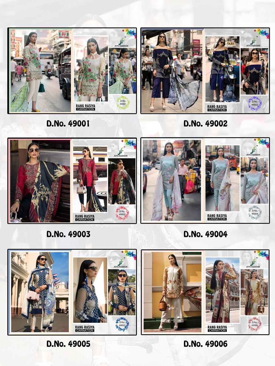 Rangrasiya Carnation By Juvi Fashion 49001 To 49006 Series Pakistani Designer Suits Collection Beautiful Stylish Fancy Colorful Party Wear & Occasional Wear Cambric Cotton With Self Embroidery Dresses At Wholesale Price
