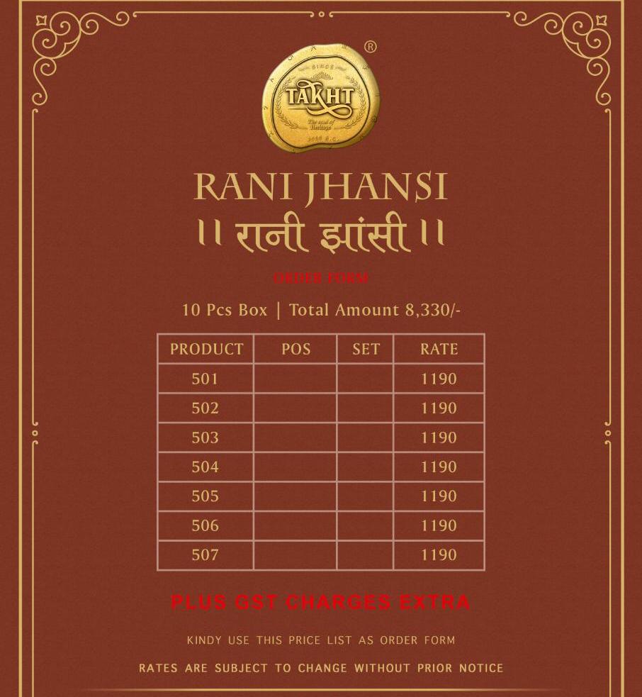Rani Jhansi By Takht 501 To 507 Series Indian Traditional Wear Collection Beautiful Stylish Fancy Colorful Party Wear & Occasional Wear Pure Silk Sarees At Wholesale Price