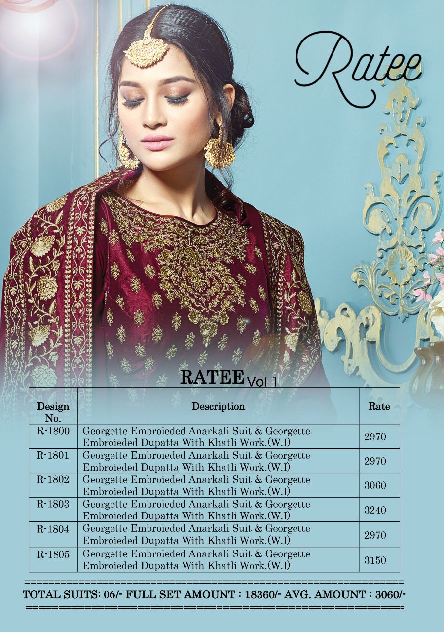 Ratee Vol-1 By Ratee 1800 To 1805 Series Designer Anarkali Suits Wedding Suits Beautiful Stylish Fancy Colorful Party Wear & Occasional Wear Georgette Embroidered Dresses At Wholesale Price