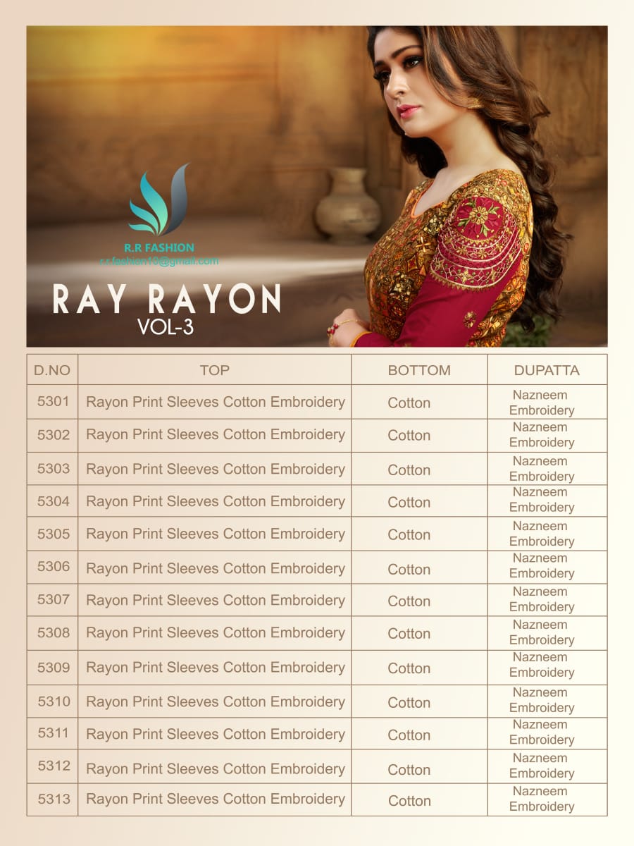 Ray Rayon Vol-3 By Rr Fashion 5301 To 5313 Series Beautiful Suits Stylish Fancy Colorful Casual Wear & Ethnic Wear Rayon & Cotton Dresses At Wholesale Price