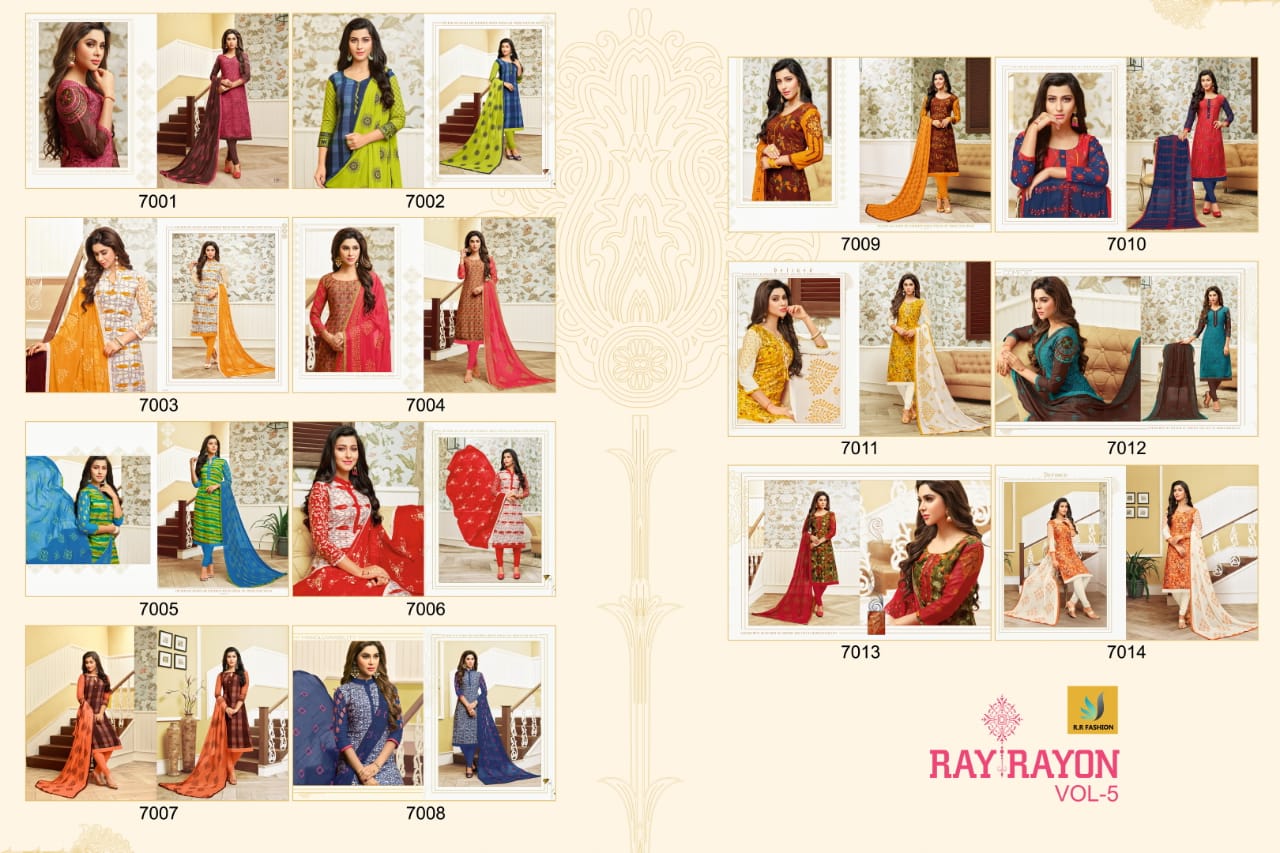 Ray Rayon Vol-5 By Rr Fashion 7001 To 7014 Series Beautiful Suits Stylish Fancy Colorful Casual Wear & Ethnic Wear Rayon & Cotton Dresses At Wholesale Price