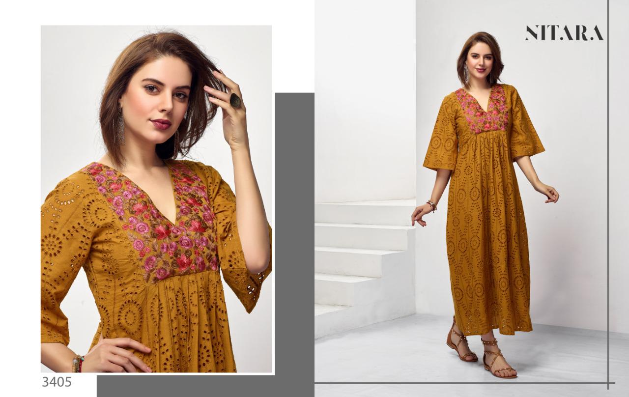 Reena Vol-2 By Nitara 3401 To 3405 Series Stylish Fancy Beautiful Colorful Casual Wear & Ethnic Wear Pure Weaving Cotton Embroidery Kurtis At Wholesale Price