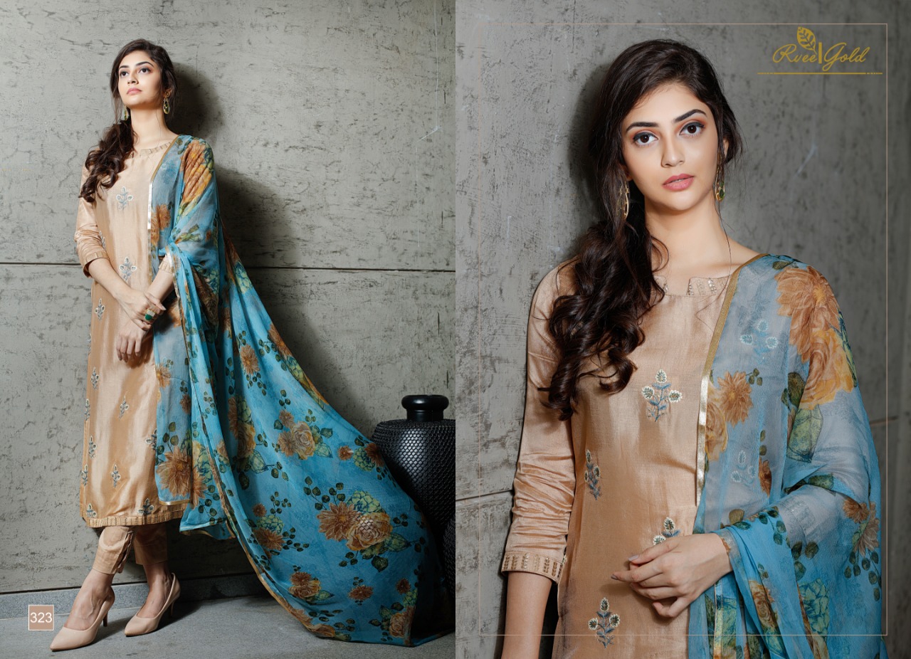 Retro Speck By Rvee Gold 322 To 329 Series Designer Suits Collection Beautiful Stylish Fancy Colorful Casual Wear & Ethnic Wear Pure Silk Embroidered Dresses At Wholesale Price