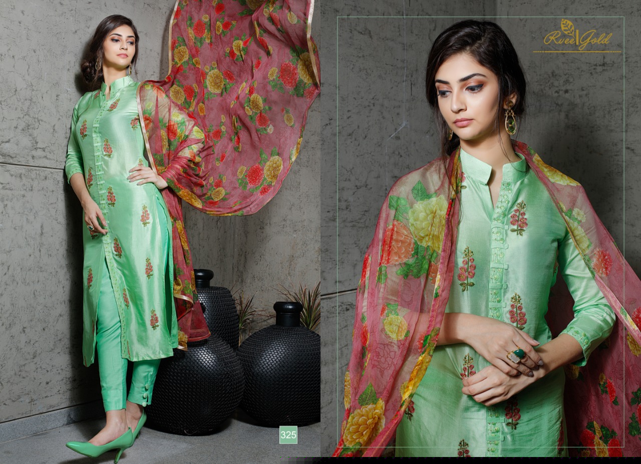 Retro Speck By Rvee Gold 322 To 329 Series Designer Suits Collection Beautiful Stylish Fancy Colorful Casual Wear & Ethnic Wear Pure Silk Embroidered Dresses At Wholesale Price