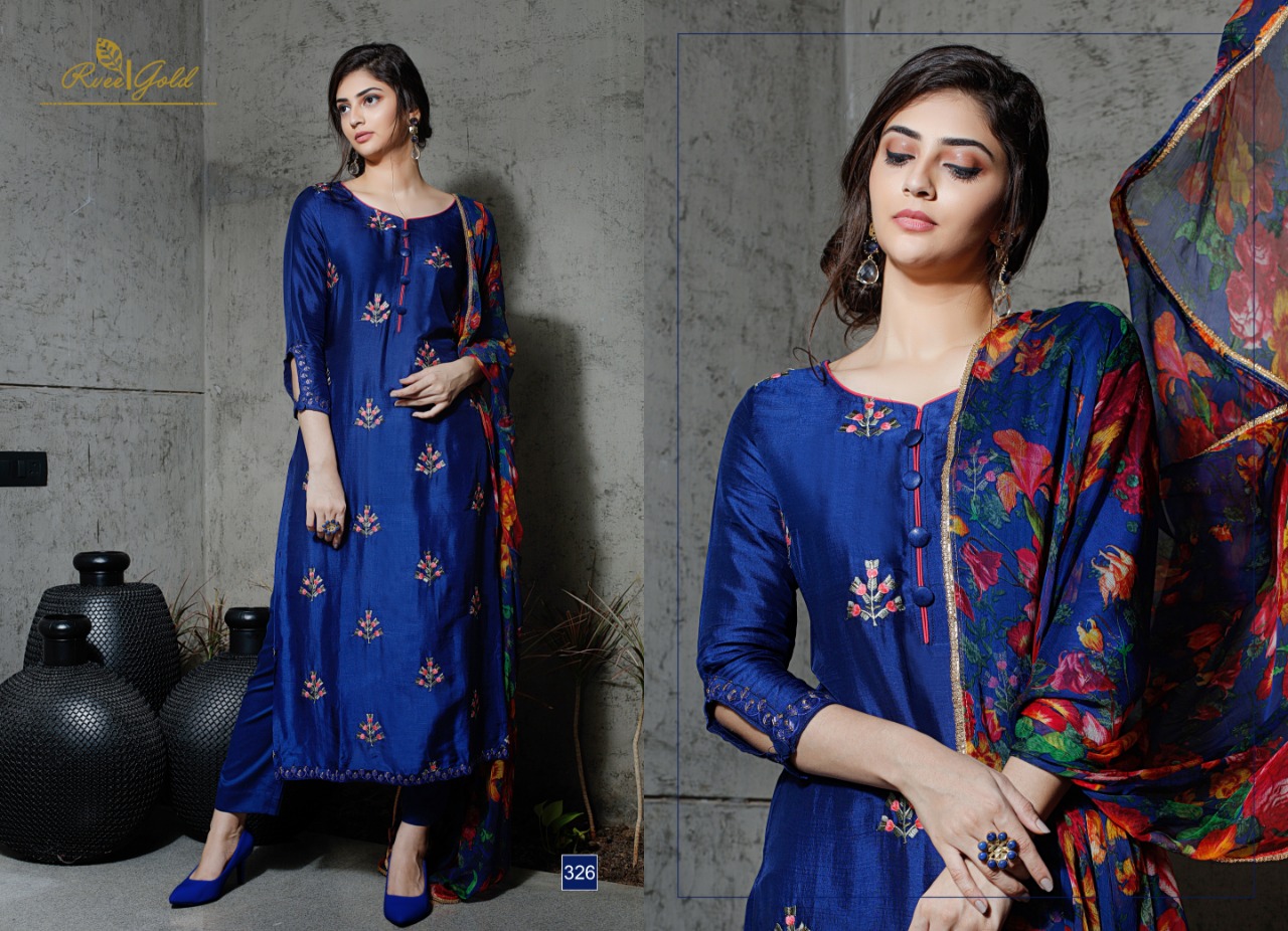 Retro Speck By Rvee Gold 322 To 329 Series Designer Suits Collection Beautiful Stylish Fancy Colorful Casual Wear & Ethnic Wear Pure Silk Embroidered Dresses At Wholesale Price