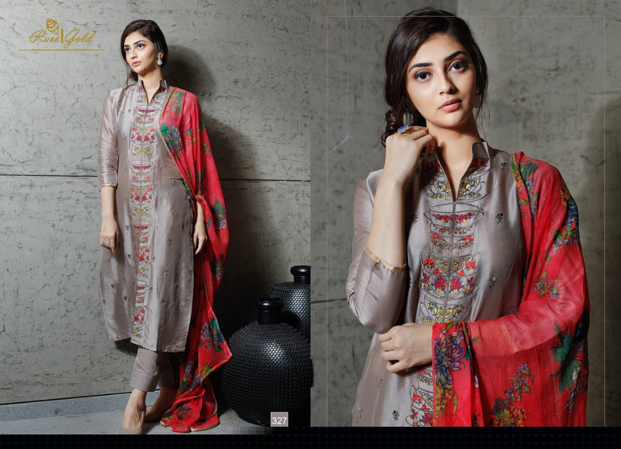 Retro Speck By Rvee Gold 322 To 329 Series Designer Suits Collection Beautiful Stylish Fancy Colorful Casual Wear & Ethnic Wear Pure Silk Embroidered Dresses At Wholesale Price