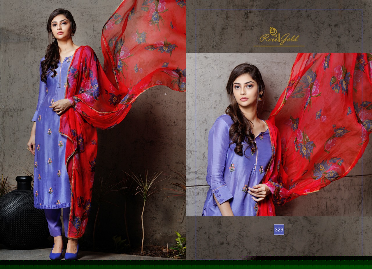 Retro Speck By Rvee Gold 322 To 329 Series Designer Suits Collection Beautiful Stylish Fancy Colorful Casual Wear & Ethnic Wear Pure Silk Embroidered Dresses At Wholesale Price