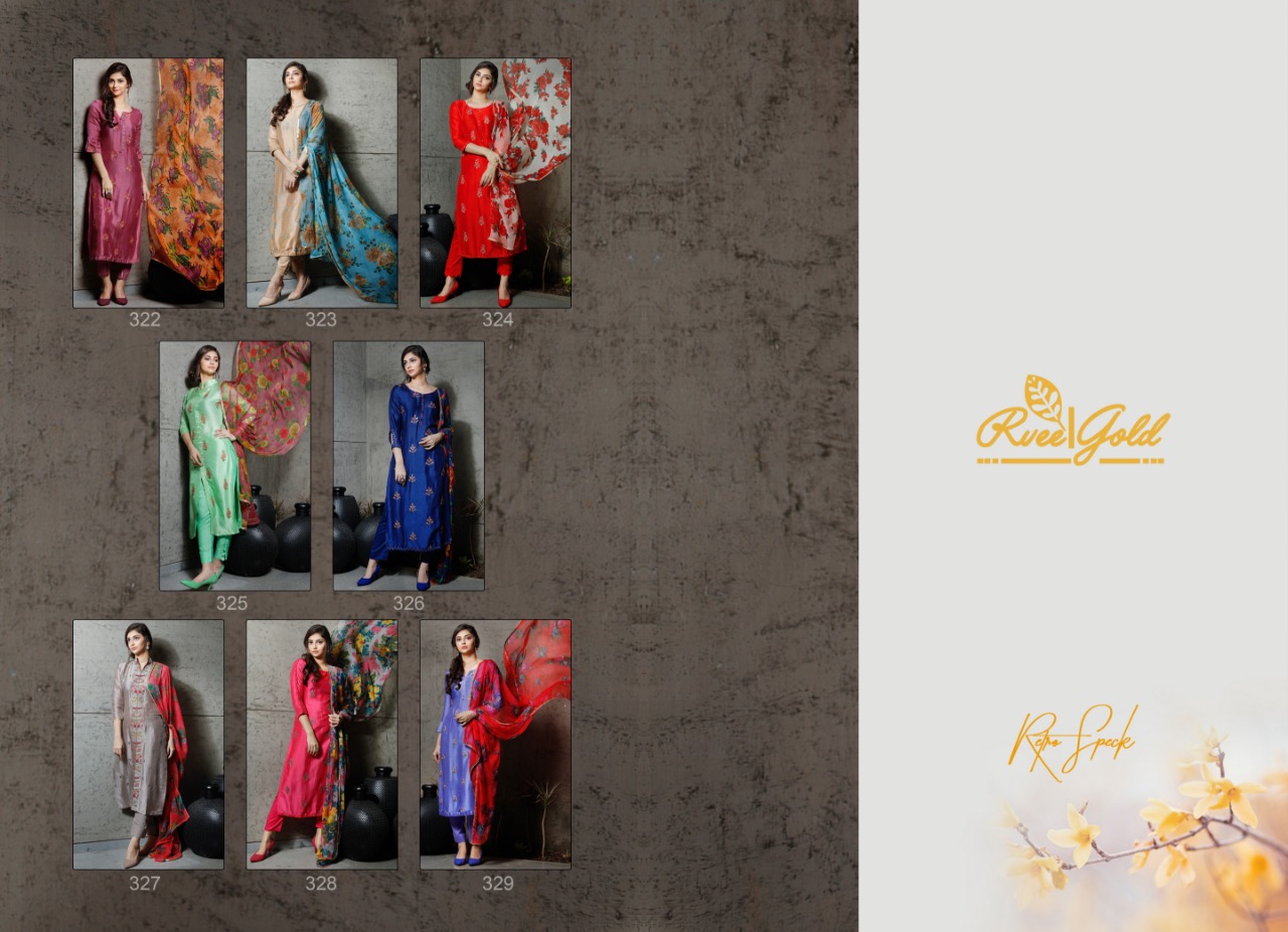 Retro Speck By Rvee Gold 322 To 329 Series Designer Suits Collection Beautiful Stylish Fancy Colorful Casual Wear & Ethnic Wear Pure Silk Embroidered Dresses At Wholesale Price