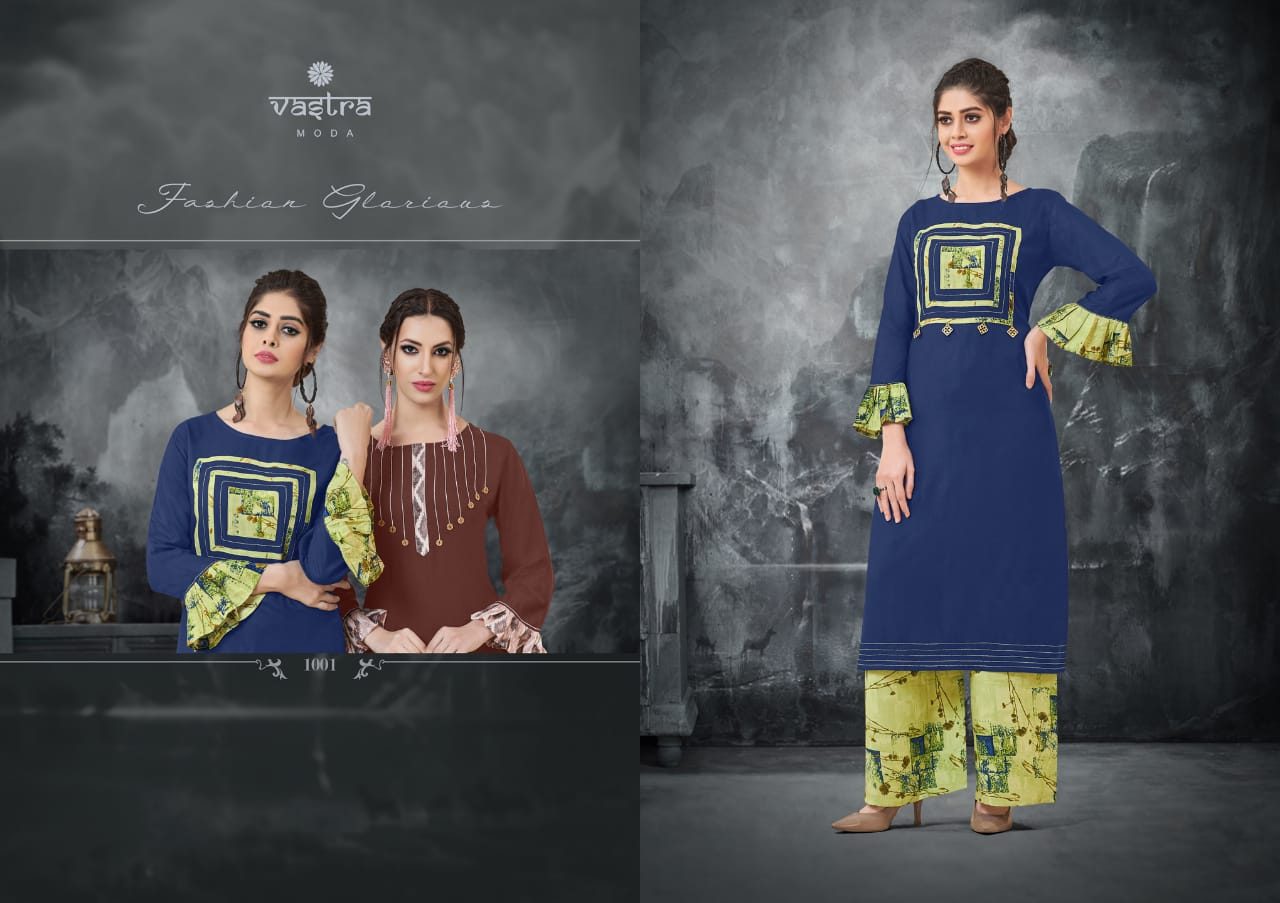 Rhythm Vol-1 By Vastra Moda 1001 To 1008 Series Beautiful Colorful Stylish Fancy Casual Wear & Ethnic Wear & Ready To Wear Premium Rayon Printed Kurtis With Palazzo At Wholesale Price
