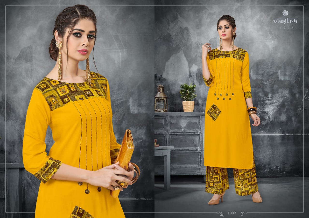 Rhythm Vol-1 By Vastra Moda 1001 To 1008 Series Beautiful Colorful Stylish Fancy Casual Wear & Ethnic Wear & Ready To Wear Premium Rayon Printed Kurtis With Palazzo At Wholesale Price