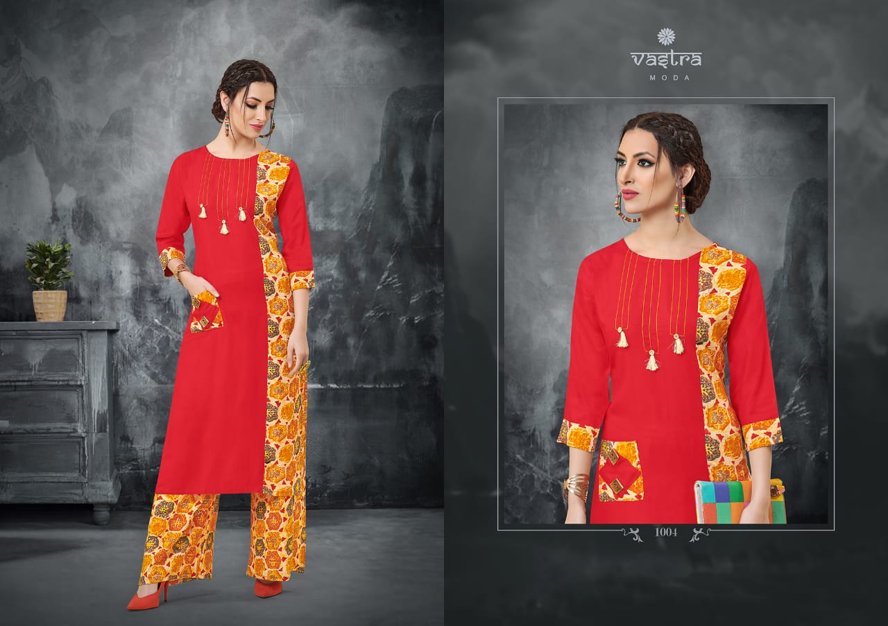 Rhythm Vol-1 By Vastra Moda 1001 To 1008 Series Beautiful Colorful Stylish Fancy Casual Wear & Ethnic Wear & Ready To Wear Premium Rayon Printed Kurtis With Palazzo At Wholesale Price