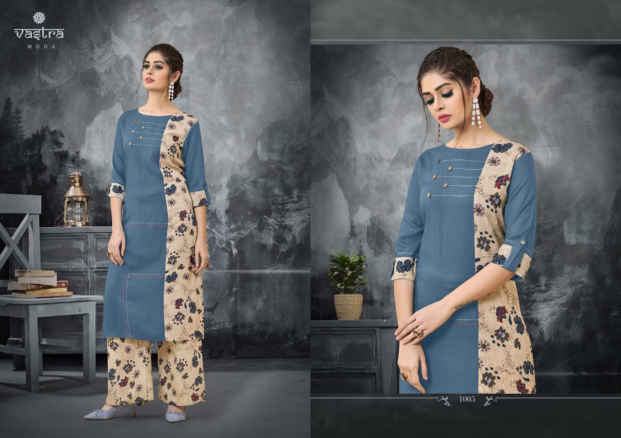 Rhythm Vol-1 By Vastra Moda 1001 To 1008 Series Beautiful Colorful Stylish Fancy Casual Wear & Ethnic Wear & Ready To Wear Premium Rayon Printed Kurtis With Palazzo At Wholesale Price
