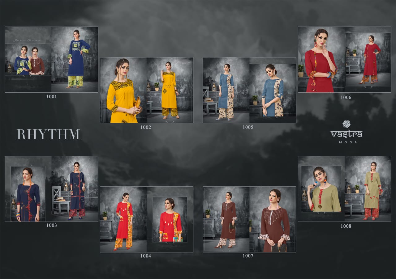 Rhythm Vol-1 By Vastra Moda 1001 To 1008 Series Beautiful Colorful Stylish Fancy Casual Wear & Ethnic Wear & Ready To Wear Premium Rayon Printed Kurtis With Palazzo At Wholesale Price