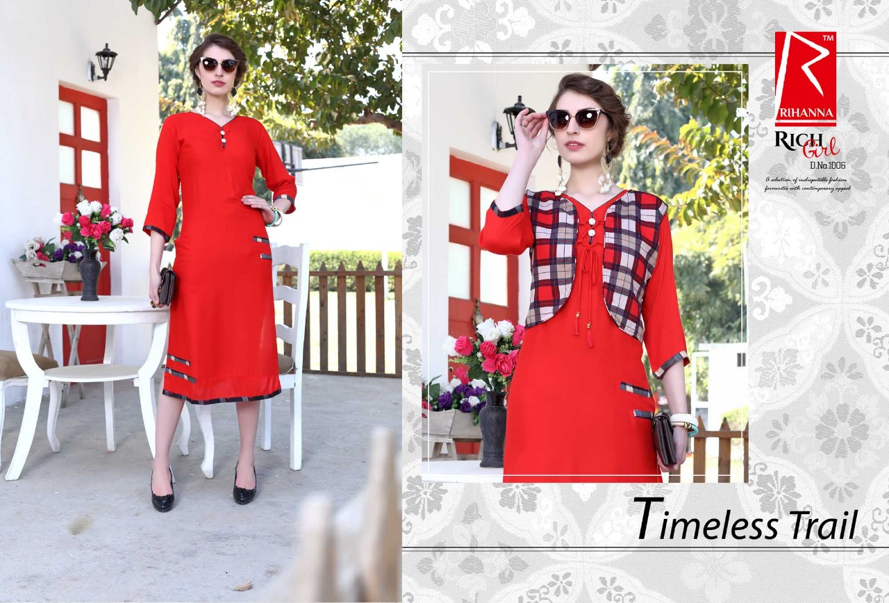 Rich Girl By Tarang 1001 To 1010 Series Stylish Colorful Fancy Beautiful Casual Wear & Ethnic Wear Collection Rayon With Jacket Kurtis At Wholesale Price