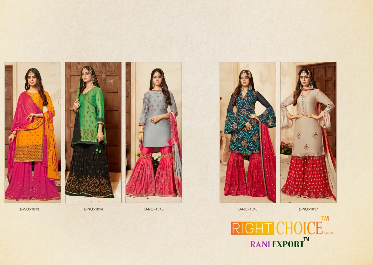 Right Choice Vol-3 By Rani Exports 1013 To 1017 Designer Pakistani Suits Beautiful Stylish Fancy Colorful Party Wear & Occasional Wear Satin Georgette Dolla Silk Self Embroidery Dresses At Wholesale Price