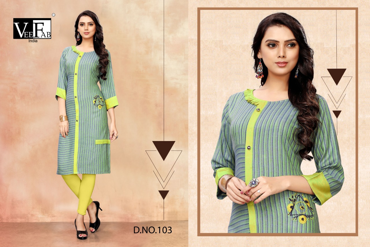 Rihanna Vol-1 By Vee Fab 101 To 106 Series Beautiful Stylish Fancy Colorful Casual Wear & Ethnic Wear & Ready To Wear Rayon Priny And Two Two Rayon Embroidered Kurtis At Wholesale Price