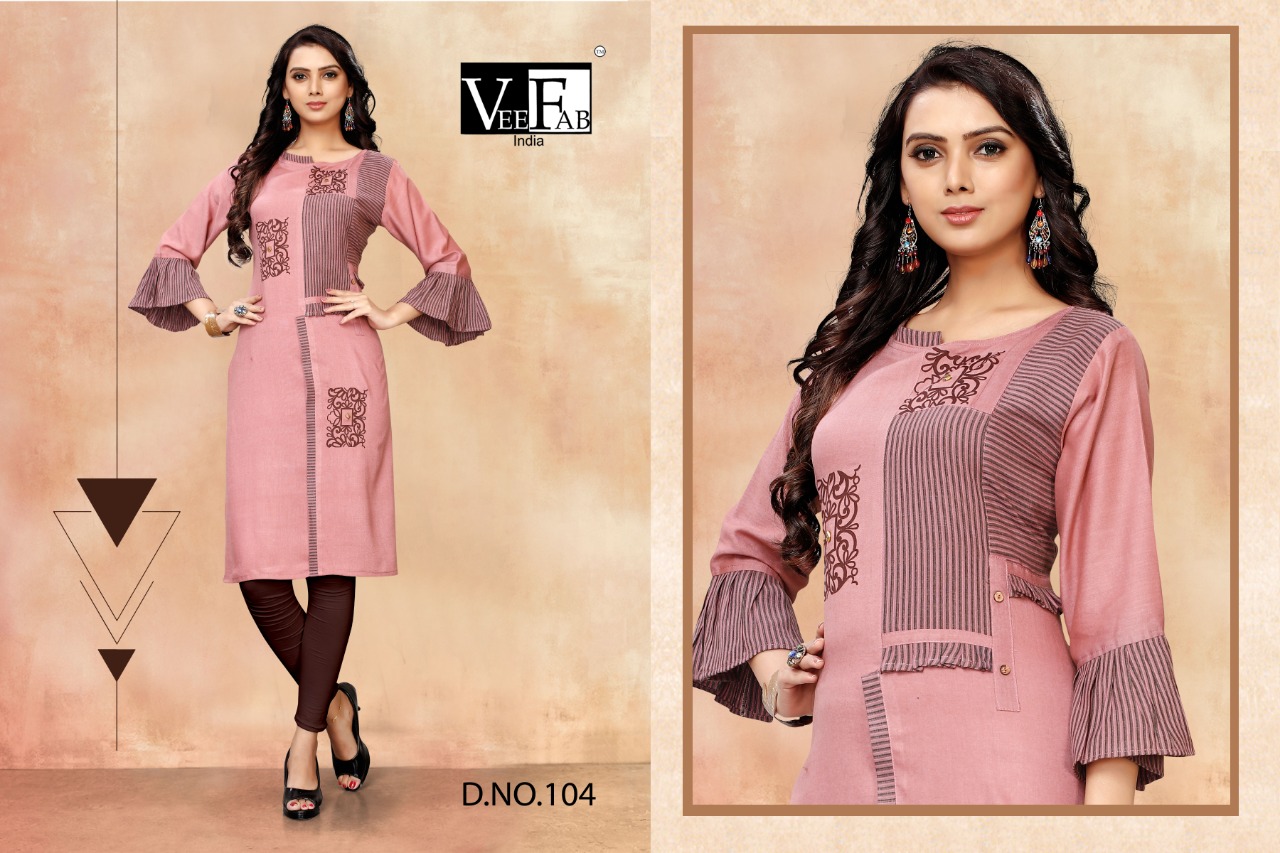 Rihanna Vol-1 By Vee Fab 101 To 106 Series Beautiful Stylish Fancy Colorful Casual Wear & Ethnic Wear & Ready To Wear Rayon Priny And Two Two Rayon Embroidered Kurtis At Wholesale Price