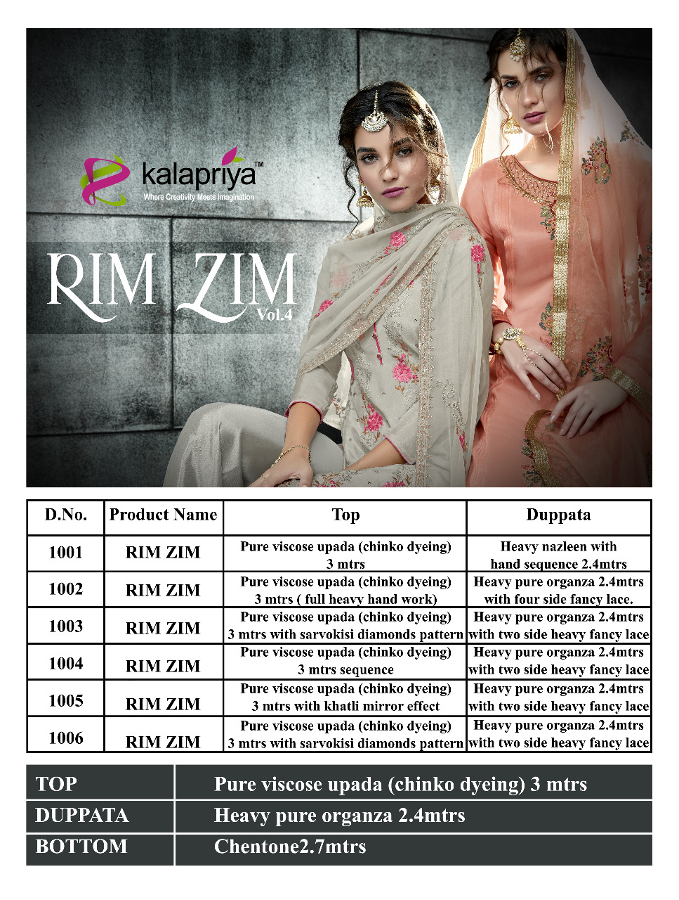 Rim Zim Vol-4 By Kalapriya 1001 To 1006 Series Designer Collection Suits Beautiful Stylish Fancy Colorful Party Wear & Occasional Wear Pure Viscose Upada Silk Dresses At Wholesale Price