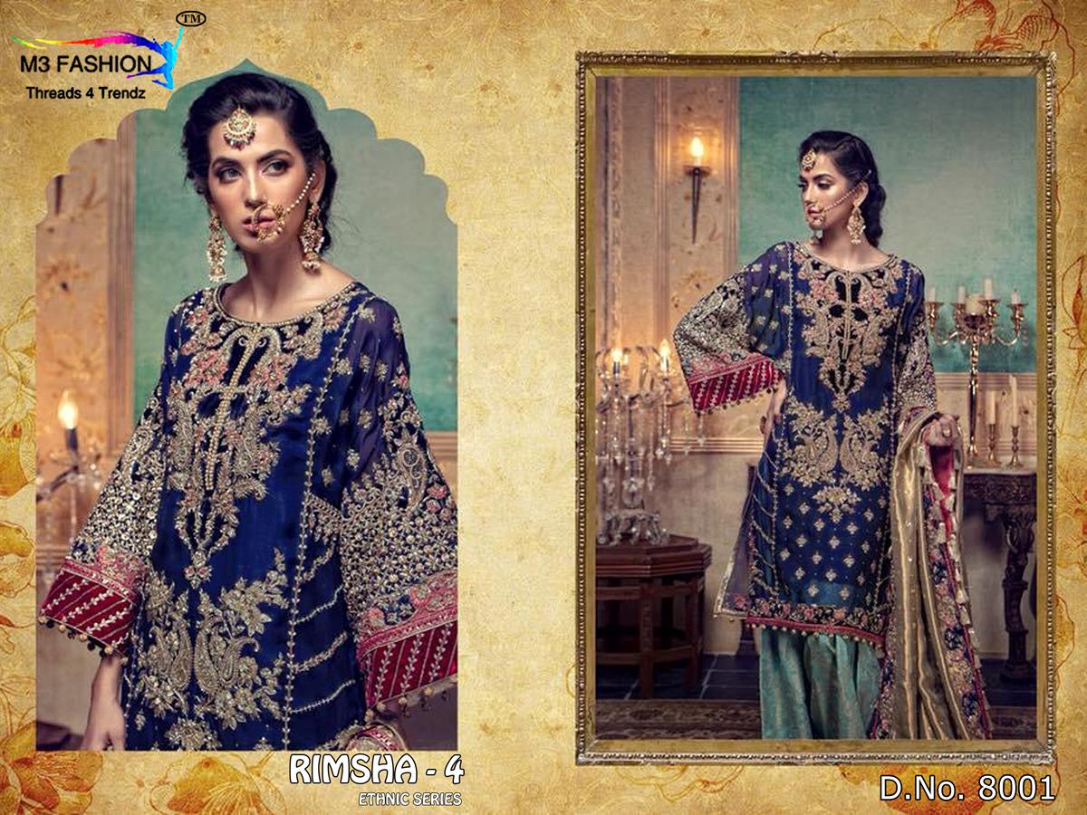 Rimsha Vol-4 Ethnic Series By M3 Fashion 8001 To 8003 Series Indian Traditional Wear Collection Beautiful Stylish Fancy Colorful Party Wear & Occasional Wear Embroidered Net With Heavy Embroidery At Wholesale Price