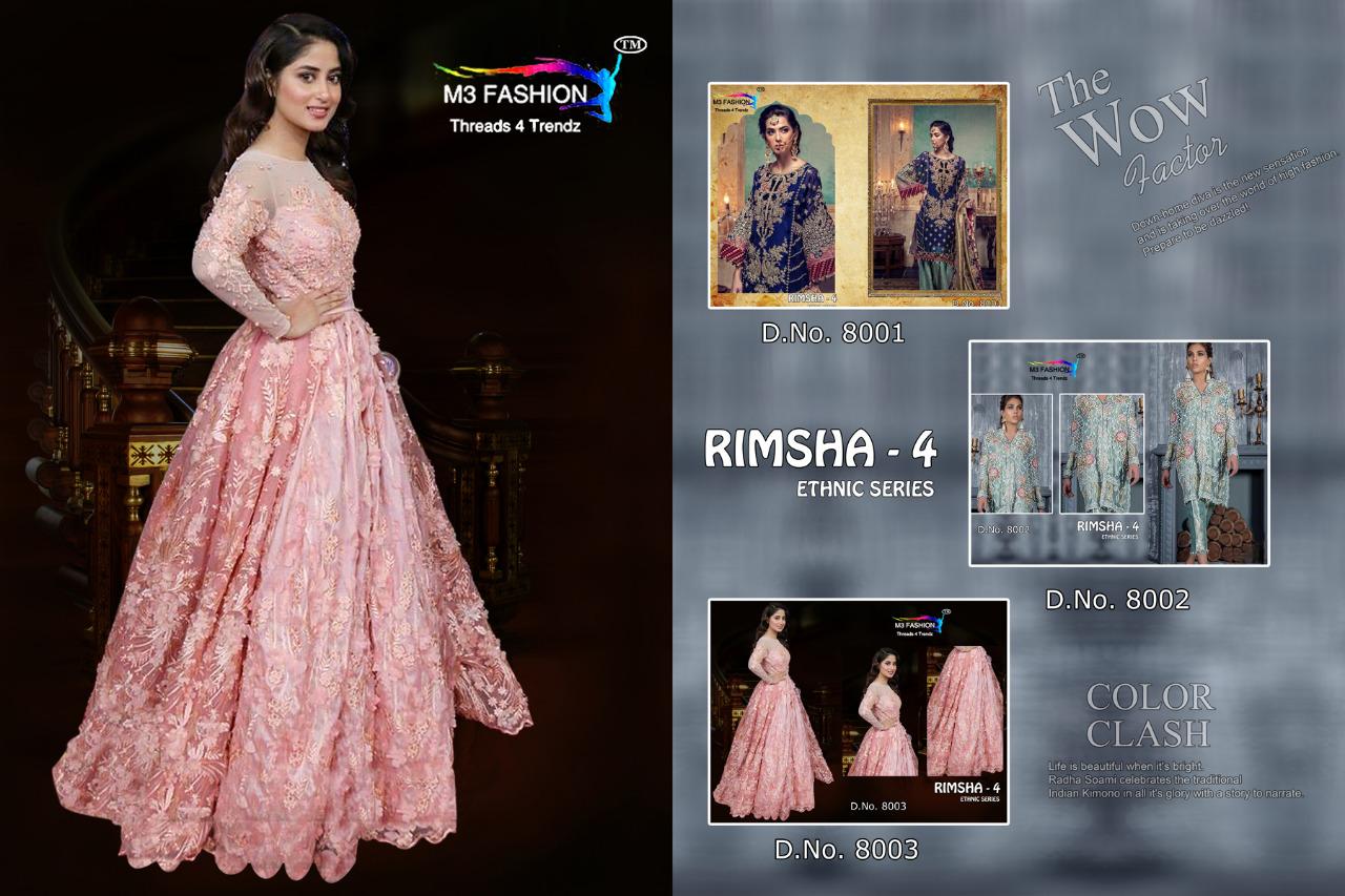 Rimsha Vol-4 Ethnic Series By M3 Fashion 8001 To 8003 Series Indian Traditional Wear Collection Beautiful Stylish Fancy Colorful Party Wear & Occasional Wear Embroidered Net With Heavy Embroidery At Wholesale Price