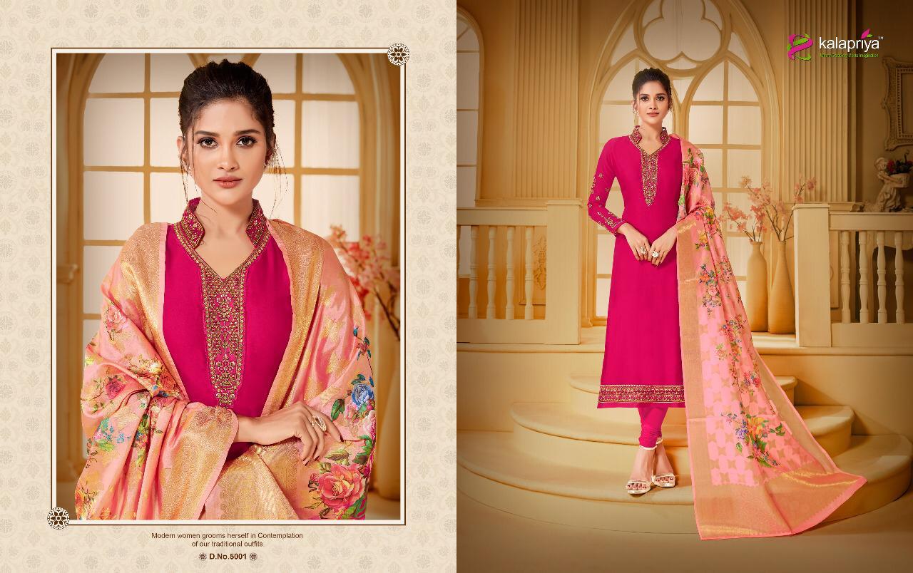 Rim Zim Vol -5 By Kalapriya 5001 To 5005 Series Beautiful Suits Colorful Stylish Fancy Colorful Casual Wear & Ethnic Wear Heavy Satin Georgette With Embroidery Dresses At Wholesale Price
