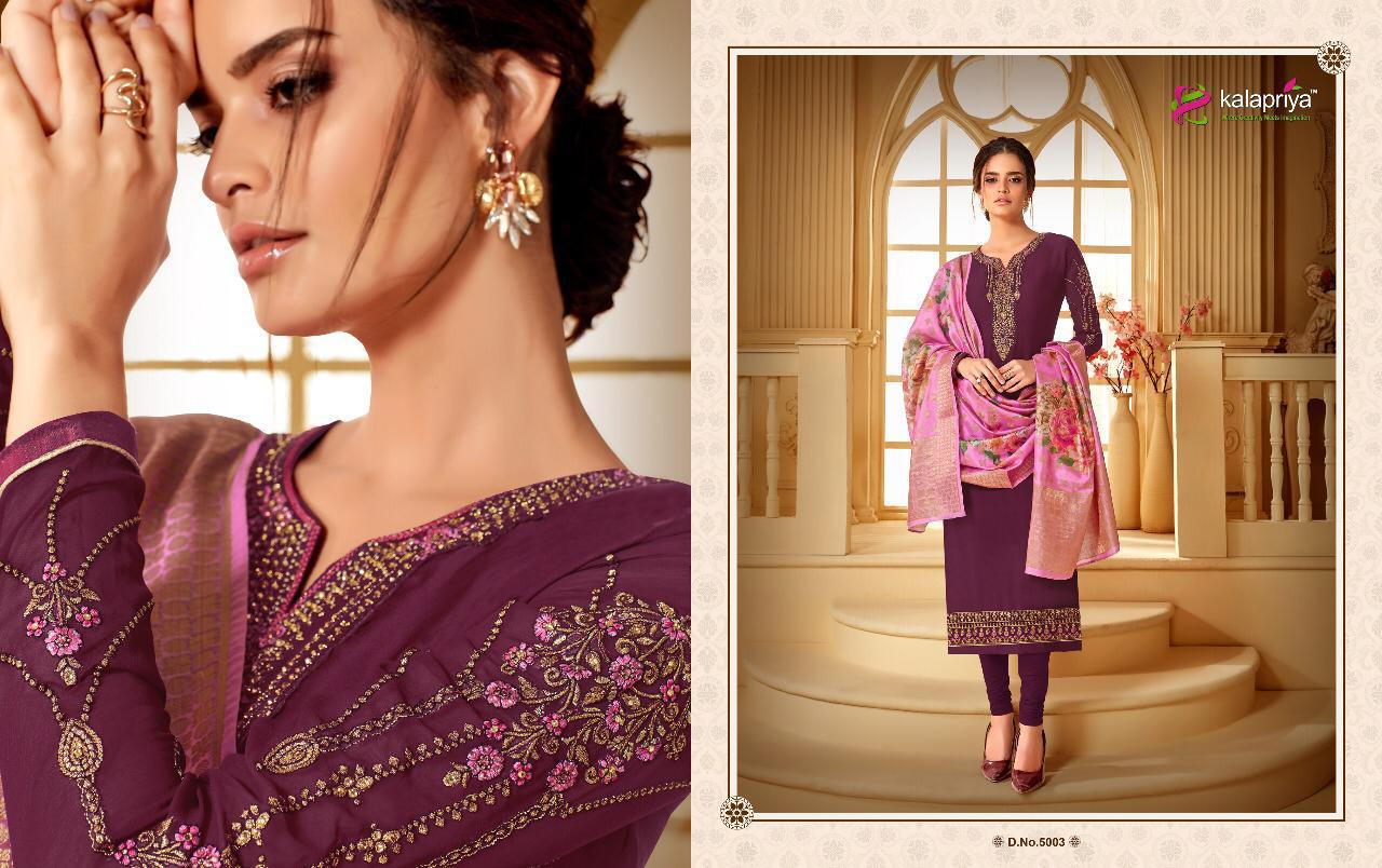 Rim Zim Vol -5 By Kalapriya 5001 To 5005 Series Beautiful Suits Colorful Stylish Fancy Colorful Casual Wear & Ethnic Wear Heavy Satin Georgette With Embroidery Dresses At Wholesale Price