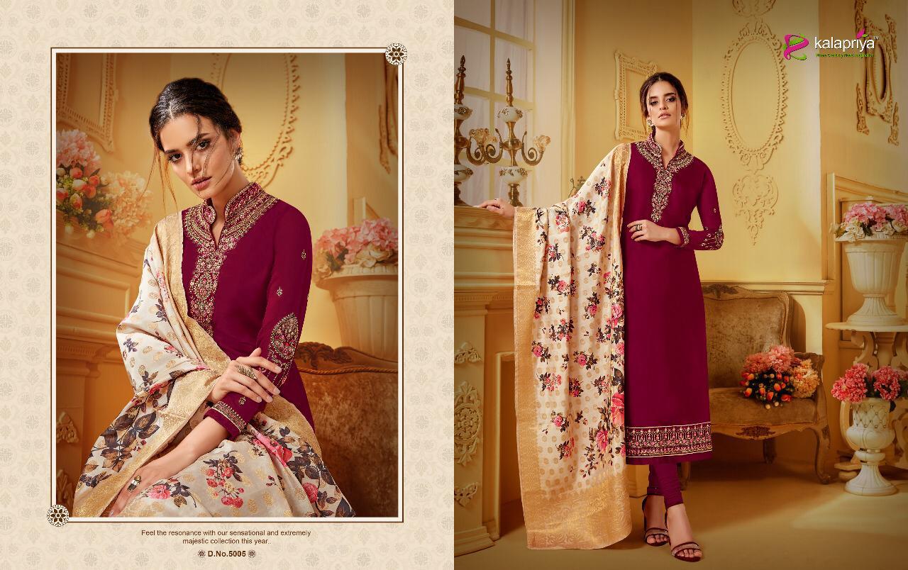Rim Zim Vol -5 By Kalapriya 5001 To 5005 Series Beautiful Suits Colorful Stylish Fancy Colorful Casual Wear & Ethnic Wear Heavy Satin Georgette With Embroidery Dresses At Wholesale Price