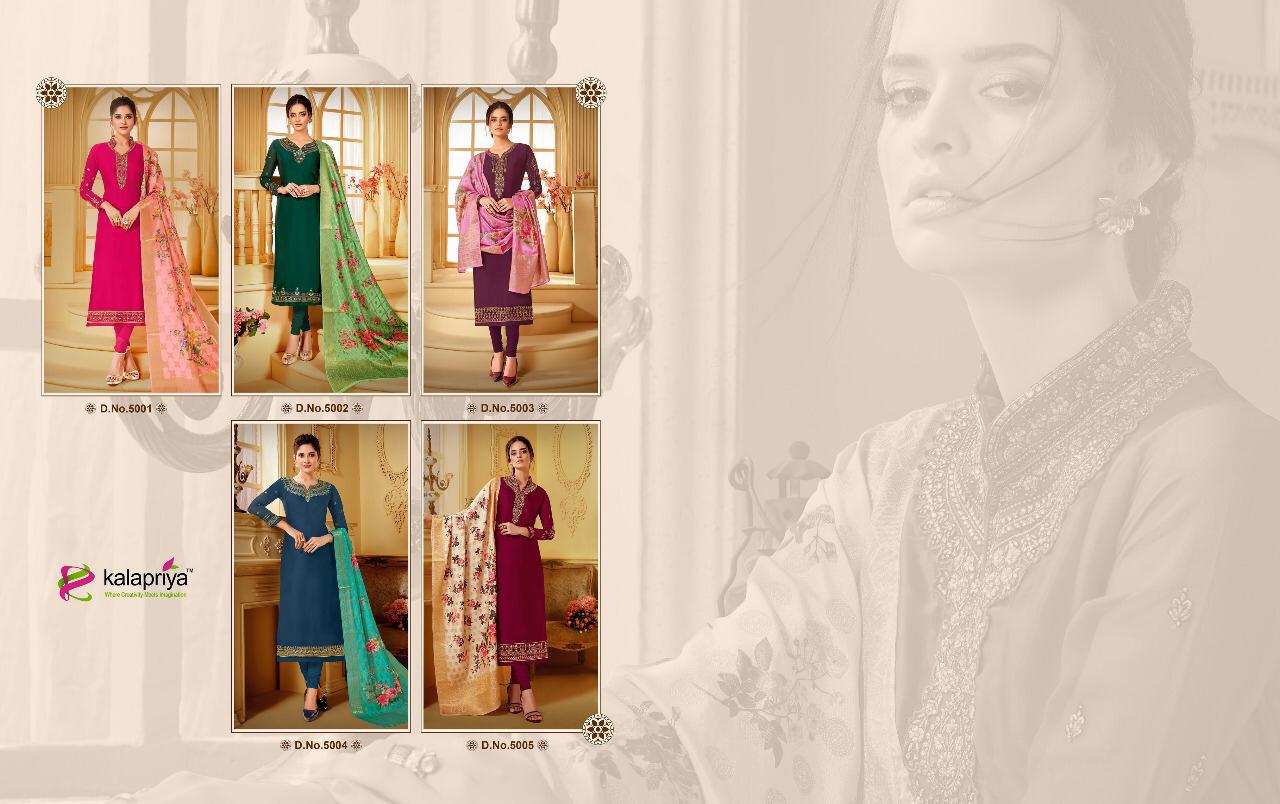 Rim Zim Vol -5 By Kalapriya 5001 To 5005 Series Beautiful Suits Colorful Stylish Fancy Colorful Casual Wear & Ethnic Wear Heavy Satin Georgette With Embroidery Dresses At Wholesale Price