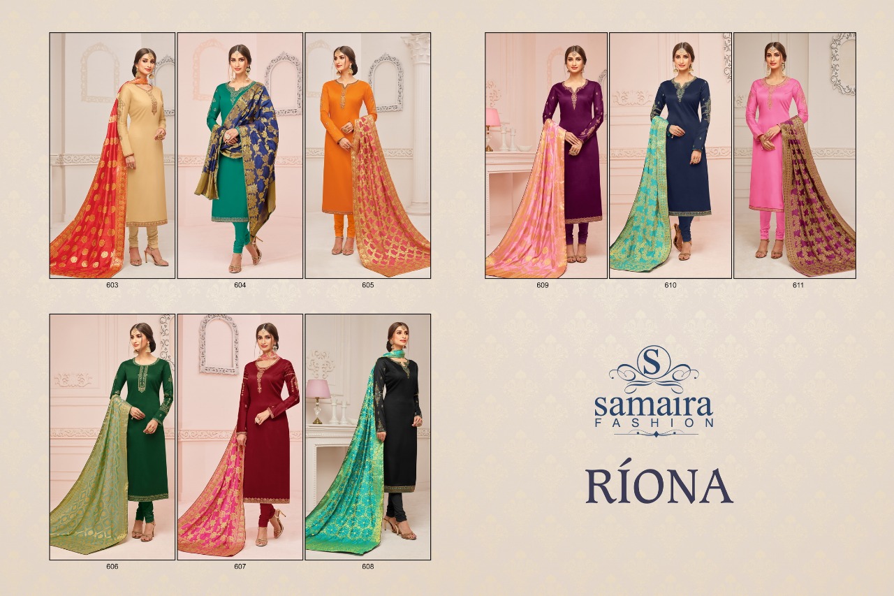 Riona By Samaira Fashion 603 To 611 Series Beautiful Winter Collection Suits Stylish Fancy Colorful Casual Wear & Ethnic Wear Pure Cotton Jam Silk With Embroidery Dresses At Wholesale Price