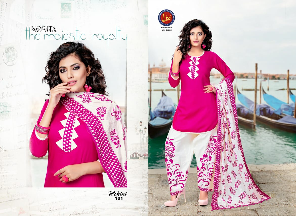 Rohini By Lizi 101 To 108 Series Beautiful Patiyala Stylish Colorful Fancy Casual Wear & Ethnic Wear & Ready To Wear Rayon Printed Dresses At Wholesale Price