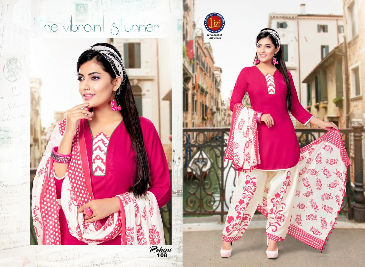 Rohini By Lizi 101 To 108 Series Beautiful Patiyala Stylish Colorful Fancy Casual Wear & Ethnic Wear & Ready To Wear Rayon Printed Dresses At Wholesale Price