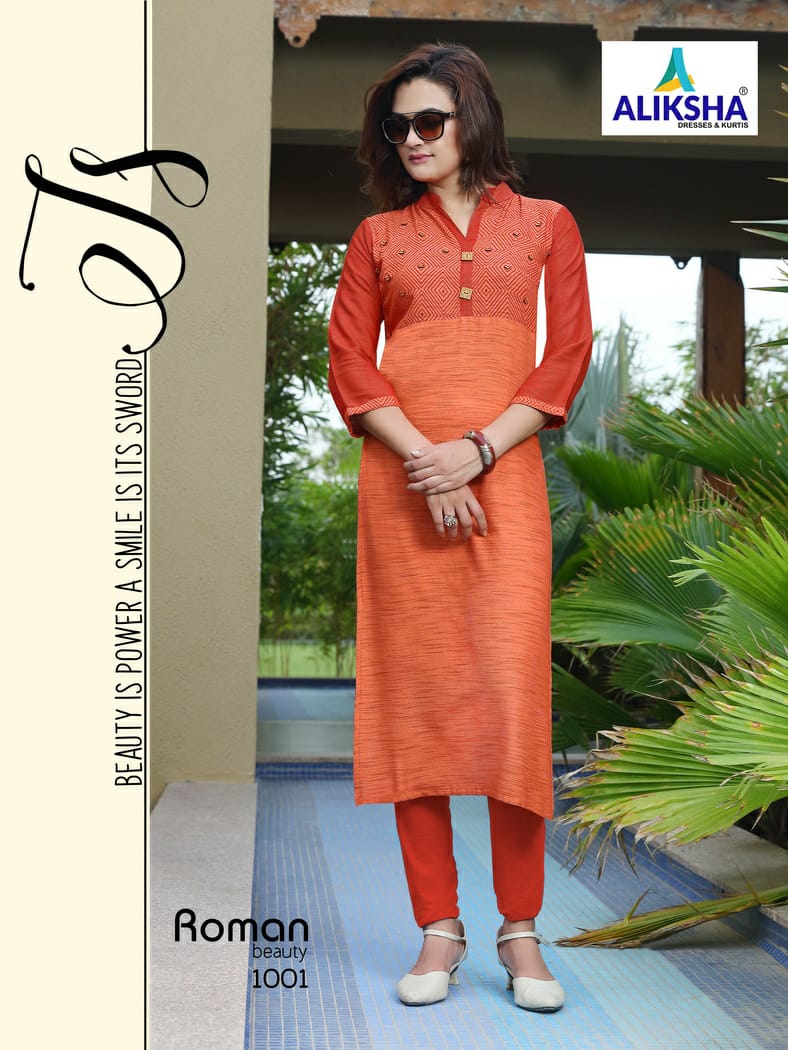 Roman Beauty By Aliksha 1001 To 1008 Series Beautiful Colorful Stylish Fancy Casual Wear & Ethnic Wear & Ready To Wear Heavy Rayon Embroidered Kurtis At Wholesale Price