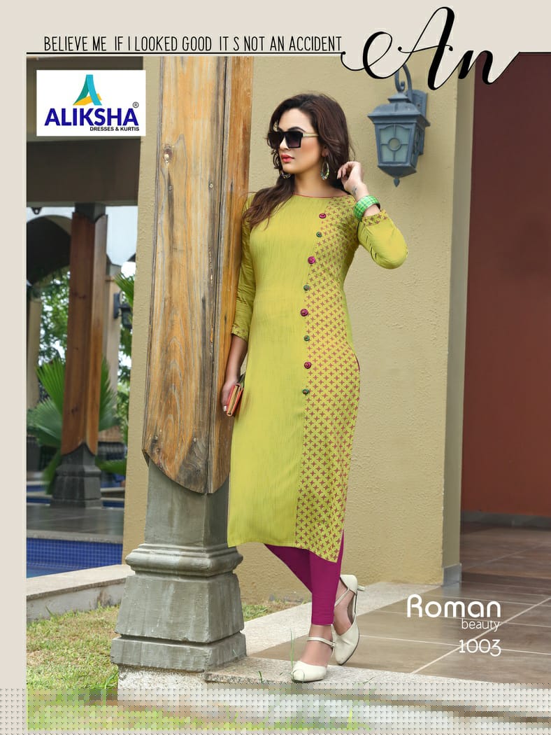 Roman Beauty By Aliksha 1001 To 1008 Series Beautiful Colorful Stylish Fancy Casual Wear & Ethnic Wear & Ready To Wear Heavy Rayon Embroidered Kurtis At Wholesale Price