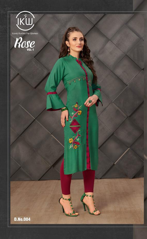 Rose Vol-1 By Ikw 001 To 008 Series Beautiful Stylish Fancy Colorful Casual Wear & Ethnic Wear & Ready To Wear Rayon Slub Embroidery Kurtis At Wholesale Price