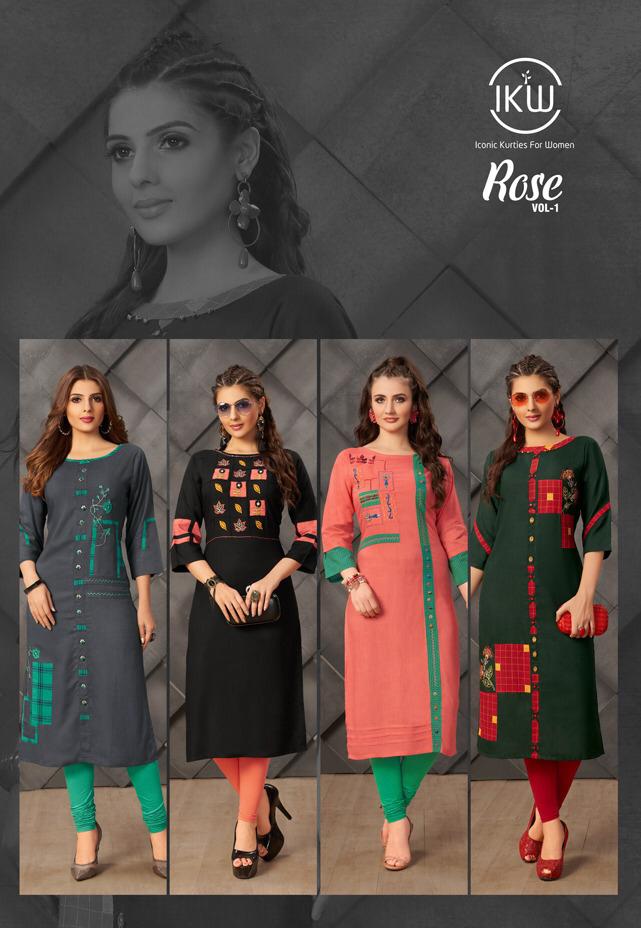 Rose Vol-1 By Ikw 001 To 008 Series Beautiful Stylish Fancy Colorful Casual Wear & Ethnic Wear & Ready To Wear Rayon Slub Embroidery Kurtis At Wholesale Price