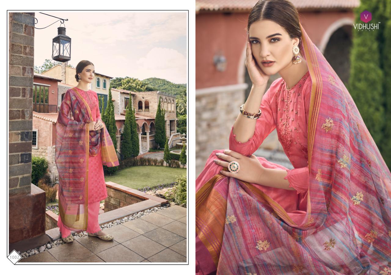 Rowena By Vidhushi Suits 1001 To 1006 Series Designer Collection Suits Beautiful Stylish Fancy Colorful Party Wear & Occasional Wear Dolla Silk With Digital Print With Embroidery Dresses At Wholesale Price