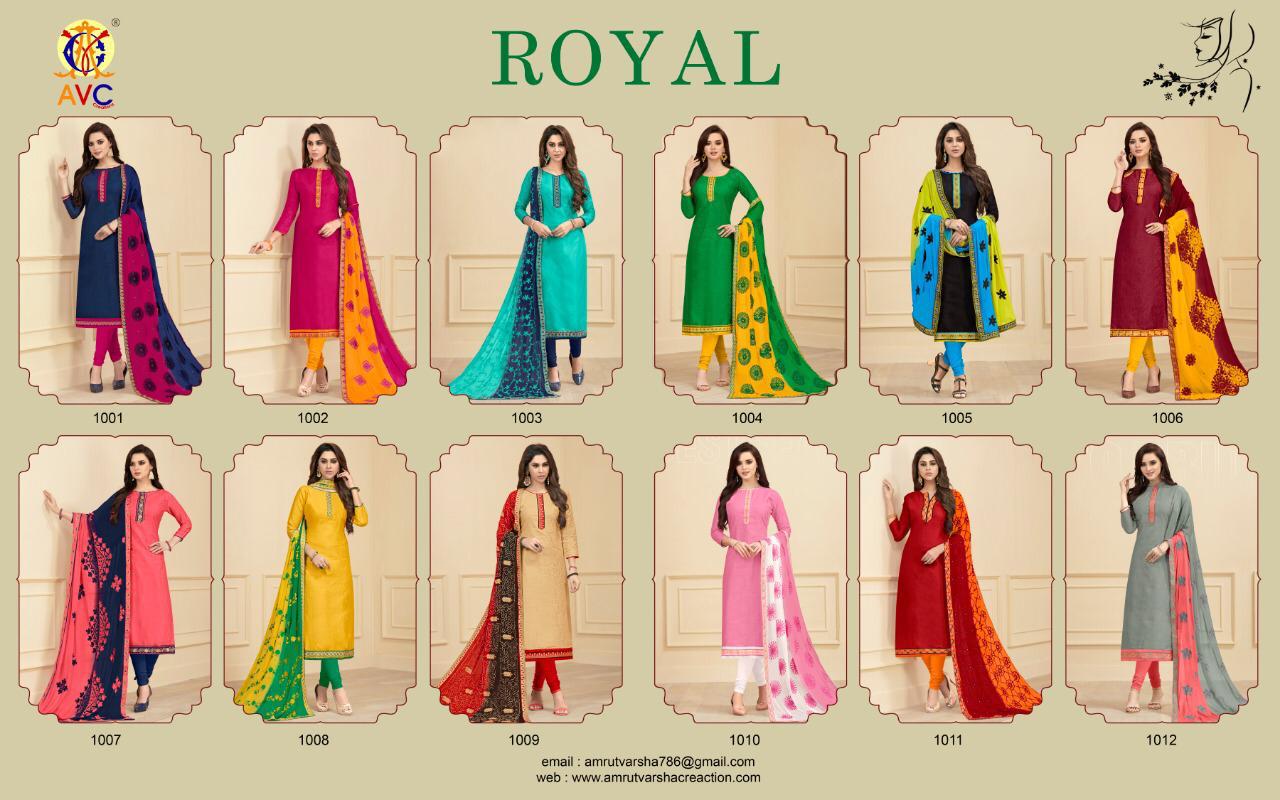 Royal By Amrut Varsha Creation 1001 To 1012 Series Beautiful Collection Suits Stylish Fancy Colorful Casual Wear & Ethnic Wear Cotton Satin Jacquard Dresses At Wholesale Price