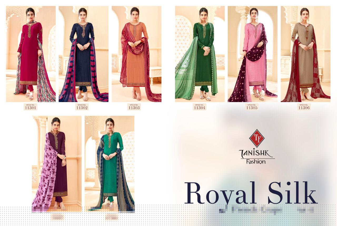 Royal Silk Vol-5 By Tanishk Fashion 11301 To 11308 Series Indian Traditional Wear Collection Beautiful Stylish Fancy Colorful Party Wear & Occasional Wear Pure French Crepe Embroiered Dresses At Wholesale Price