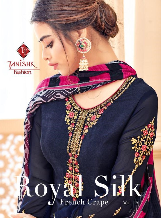 Royal Silk Vol-5 By Tanishk Fashion 11301 To 11308 Series Indian Traditional Wear Collection Beautiful Stylish Fancy Colorful Party Wear & Occasional Wear Pure French Crepe Embroiered Dresses At Wholesale Price