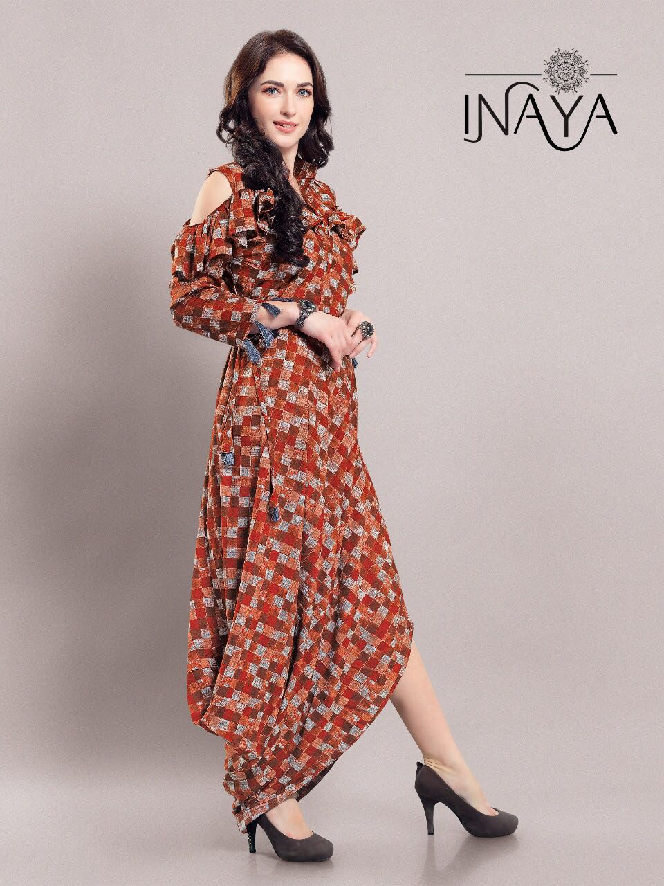 Ruffle Cold Shoulder Kurti By Inaya 01 To 02 Series Designer Colorful Stylish Fancy Beautiful Party Wear & Ethnic Wear Imported Rayon Printed Kurtis At Wholesale Price